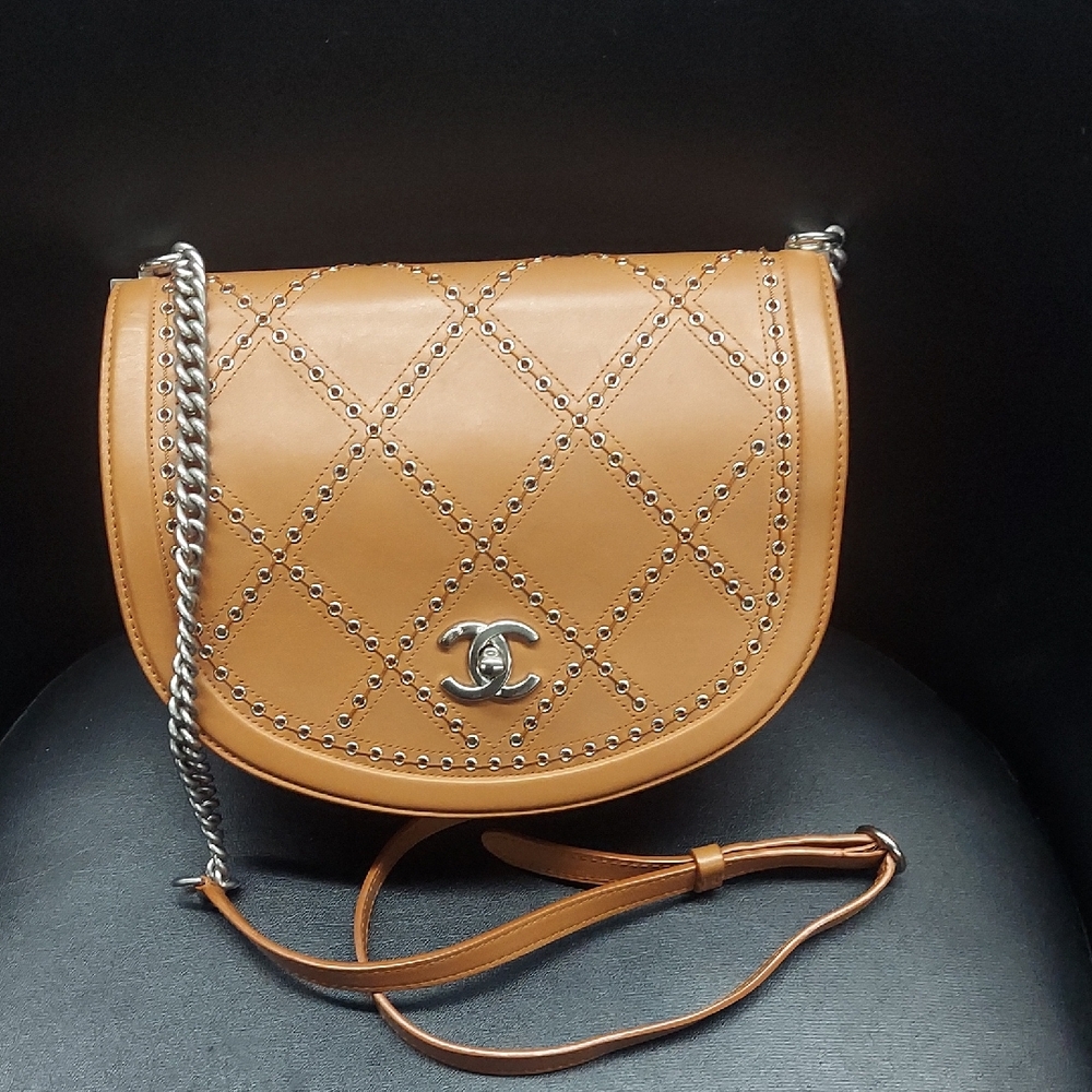 CHANEL Tan Coco Eyelet Quilted Crossbody with Silver Hardware